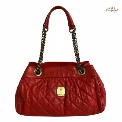 Authentic MCM Red Quilted Leather Small Gold Chain/Leather Shoulder Bag - Image 1 of 4