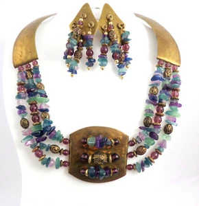 VTG Etruscan Collar Necklace & Earrings Set Fluorite Nuggets & Amethyst Beads  - Picture 1 of 12