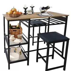 Dining Table Bar Table Set for 2 with Storage Shelves Cup Holder and Wine Rack - Picture 1 of 10
