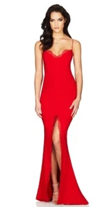 Nookie Size M AU10 Cherry Red Chloe Lace Gown Formal Maxi Dress Thigh Split NWT - Picture 1 of 14