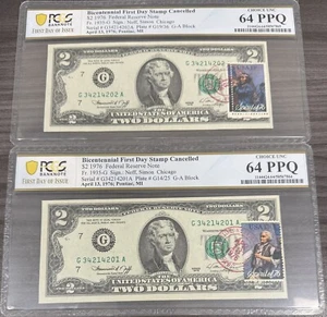 1976 $2 Two Dollar Bill - Stamped 4/13/1976 PCGS 64 PPQ FDOI 2 Consecutive SN V6 - Picture 1 of 1