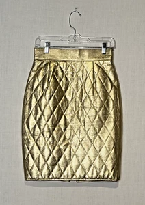 VTG 1980s GOLD Metallic Quilted Knee Length Leather Skirt Size 8, Cocktail Party - Picture 1 of 8