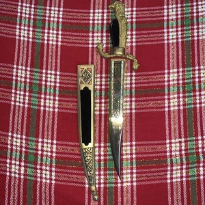 Vintage Toledo Carved Painted Dagger Knife with Eagle & Lion Heads W/ Scabbard - Picture 1 of 11