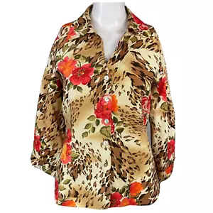 Camisa Silkland para mujer talla M beige estampado de leopardo floral con botones 100 % seda - Imagen 1 de 10