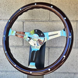 14" Chrome Steering Wheel w/ Dark Wood Grip, Chrome Modern GMC Horn, and Adapter - Foto 1 di 7