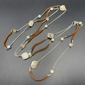 Extra Long Necklace Faux Suede Silver Tone Shell Nugget Boho 66 Inch - Picture 1 of 8
