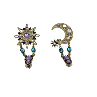 Rhinestone Moon Sun/Star Cabochon Purple Statement Earrings Post Back Dangle EUC - Image 1 of 4