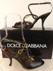 NIB DOLCE GABBANA BLACK SNAKE LEATHER STRAPPY SANDALS PUMPS 38.5 ITALY - Picture 1 of 12