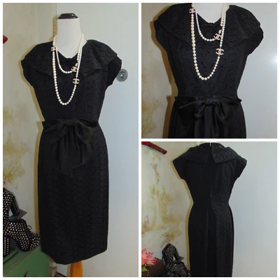 Vestido de mujer vintage de los años 50 negro con ojales en capas pajarita grande lápiz M/L Foto 1 de 4