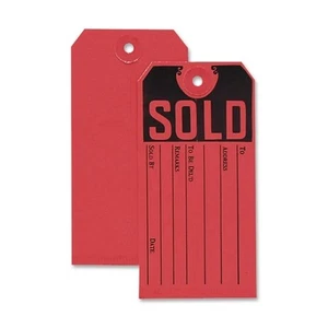 50 ETIQUETAS DE PRODUCTO VENDIDAS ROJAS DE CARDSTOCK 4-3/4"" x 2-3/8"" VENTA DE GARAJE MUEBLES SUBASTA - Imagen 1 de 1