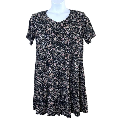 Vintage Honors Maternity Floral Short Sleeve Romper Medium Rayon Black Tan Pink - Image 1 of 4