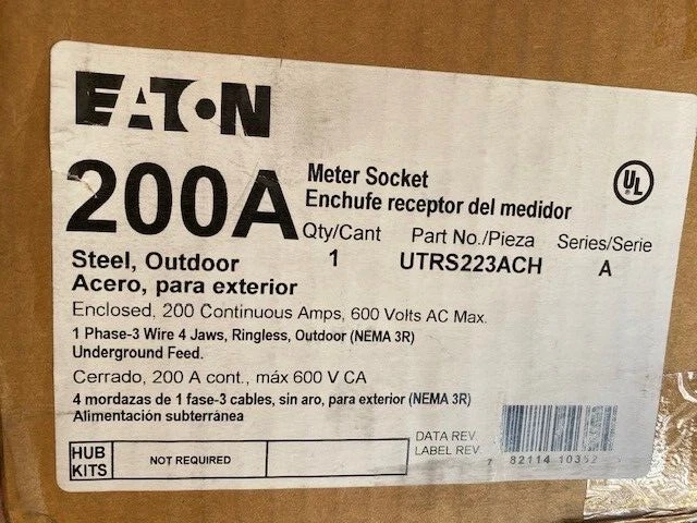 Eaton UTRS223ACH 200A Residential Service Meter Socket 4.94 Lx13 Wx13 H in (NEW) - Image 1 of 1