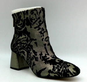 Nanette Lepore Rose Pewter Black Floral Fabric Ankle Boots Size 6 M Block Heels - Picture 1 of 10