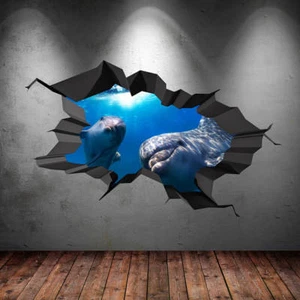 Adesivo arte parete pesce delfino colore pieno foro grotta marina crepato 3D WSDCW1 - Foto 1 di 1