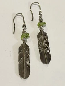 Navajo Handmade Sterling Peridot Feather Earrings 2” Southwest Native American - Picture 1 of 6