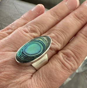 Vintage Sterling Silver Abalone Shell Signed MEXICO ATI Large Oval Ring Size 8.5 - Picture 1 of 7