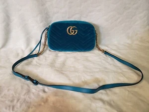 Rare Color Gucci Gg Marmont Chain Shoulder Bag Quilted Camera Leather Velor Blue - Picture 1 of 21