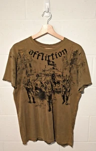 Affliction Army Troops Ghost Skull Tank Distressed Thrashed Thin T-Shirt Green - Picture 1 of 13