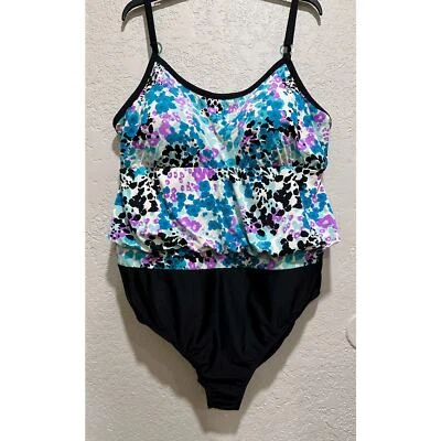 Figuras It! Terno de banho feminino peça única tamanho 24W barriga fina azul/preto - Imagem 1 de 4