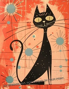 Black Cat Pink Blue Abstract Atomic Mid Century Modern Giclée Art Print 8.5X11 - Picture 1 of 2