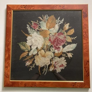 Vintage Completed Tapestry Picture Floral Roses Framed Glazed Large Gallery Wall - Picture 1 of 13