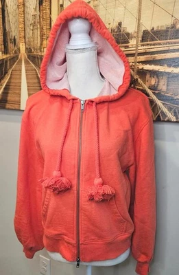Sudadera con capucha y pompones Cabi para mujer pequeña naranja con cremallera Foto 1 de 4