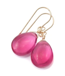 Hot pink simulated sapphire earrings smooth teardrops dainty 14k Gold Sterling - Picture 1 of 9