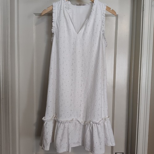 Abito Michael Kors senza maniche bianco elasticizzato occhielli pizzo orlo volant cambio S us intime ottimeioni