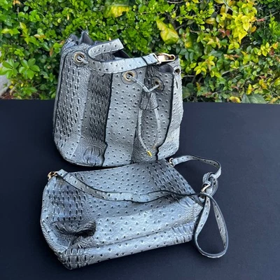 Grey Faux Leather Crocodile Ostrich Embossed Handbag Set 2 Bucket Bag Crossbody - Image 1 of 4