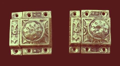 2 Brass Eastlake Cabinet Latches Ornate Turn Knob Vintage 1970's W. E. Rhyne Cover