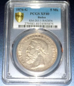 Germany Baden 1876-G 5 Mark PCGS XF 40 KM-263.1 German States Certified Coin - Picture 1 of 4
