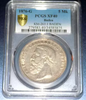Germany Baden 1876-G 5 Mark PCGS XF 40 KM-263.1 German States Certified Coin - Image 1 of 4