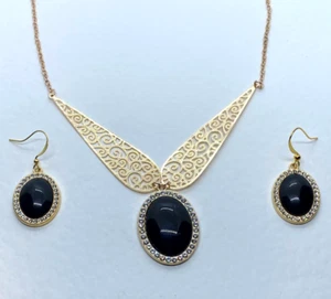 JUEGO DE COLLAR DE FILIGRANA ESTILO KLIMT VIDRIO NEGRO Y DIAMANTE CHAPADO EN ORO ROSA - Imagen 1 de 11