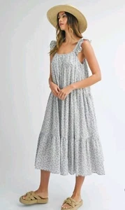 Mable Size Large Floral Ruffle Strap Tiered Lined Pocketed Cami Midi Dress Blue - Picture 1 of 5