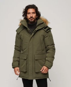 Superdry Mens XPD Everest Parka Washed Khaki Green Heavy Hooded Jacket - Picture 1 of 4