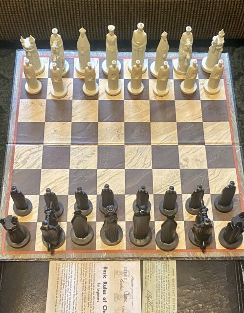 Ganine Gothic Sculptured Chess Set Checkers Board Lot w Box 1957 - Vintage