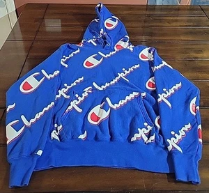 Champion Reverse Weave Sweater Herren Gr. Medium Blau All Over Print Logo Pullover - Bild 1 von 7