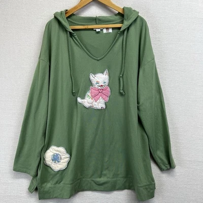 Upcycled Quilt Cat Kitten Appliqué Ivory Comf. Col. Sweatshirt Woman's M REWORK - Image 1 of 4