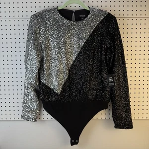 NWT Express Sequin Bodysuit Black Silver Long Sleeve Shoulder Pads Y2K Glam - Picture 1 of 12