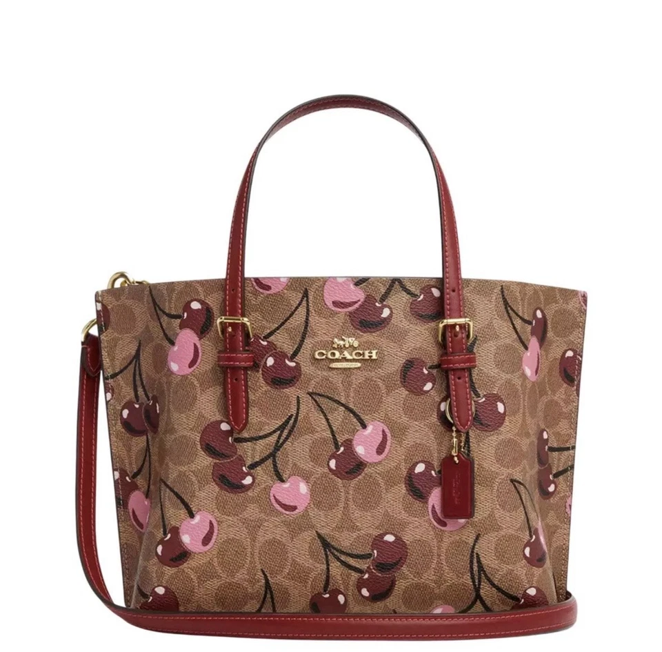 Сумка с короткими ручками Coach фирменная холщовая и вишневая Mollie 25 - Изображение 1 из 4