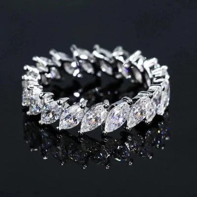 D VVS1 Marquise Cut Moissanite Eternity Ring Engagement Band 925 Sterling Silver - Image 1 of 4