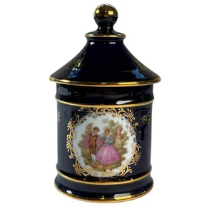 Vintage Limoges Cobalt Blue Gold Trim 5” Lidded Jar Courting Couple France - Picture 1 of 6