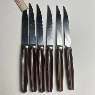 Antiguo juego de cuchillos de baquelita de hueso sintético Sheffield England (6) hoja de acero inoxidable Foto 1 de 3