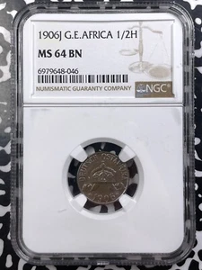 1906-J German East Africa 1/2 Heller NGC MS64BN Lot#G9119 Choice UNC! - Picture 1 of 3