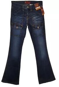 Low Rise Flare Leg Cargo Stretch Jeans Stone Washed w/Whiskers Blue Black 26-30 - Picture 1 of 9