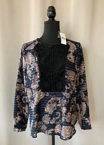 Vintage America Blues Top Sheer Navy Blue Striped Doily Lace Front Women's M - Picture 1 of 5