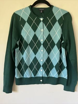 Cárdigan Lands End Mujer Talla Pequeña Verde Azul Argyle Algodón Botón Frontal Foto 1 de 4