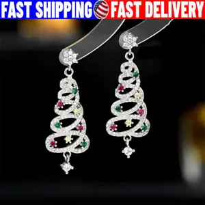 Women's 925 Silver Crystal Christmas Tree Earrings Drop Dangle Jewelry Xmas 2024 - Picture 1 of 9