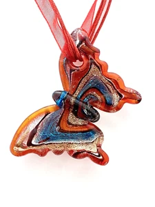 Murano Lampwork Kunst Glas Schmetterling Anhänger Halskette mit 17"-19" Seidenkordel - Bild 1 von 2