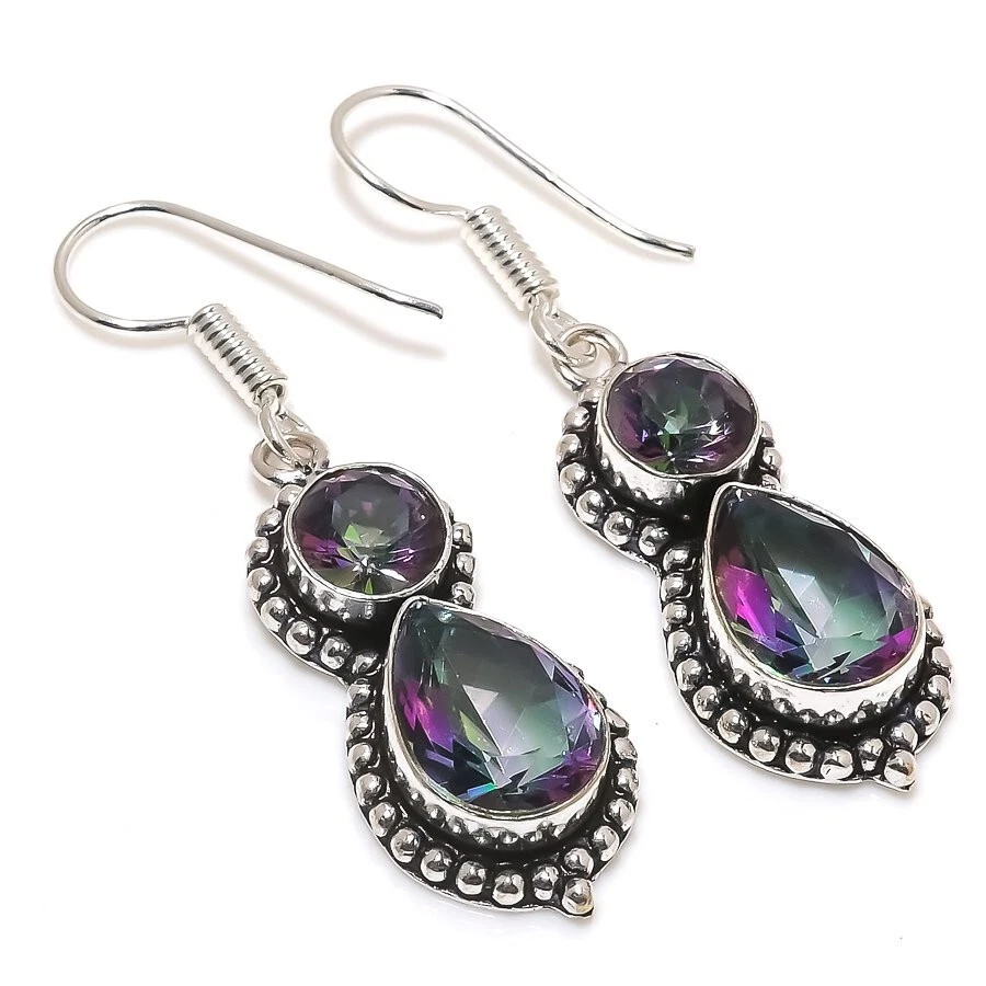Mystic Topaz Gemstone Handmade 925 Sterling silver Earring Size 1.90'' - Image 1 of 1